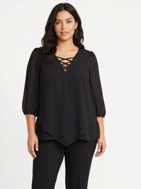 Faith & Joy Black Crisscross V-Neck Blouse Size Small | Chic Work Layer